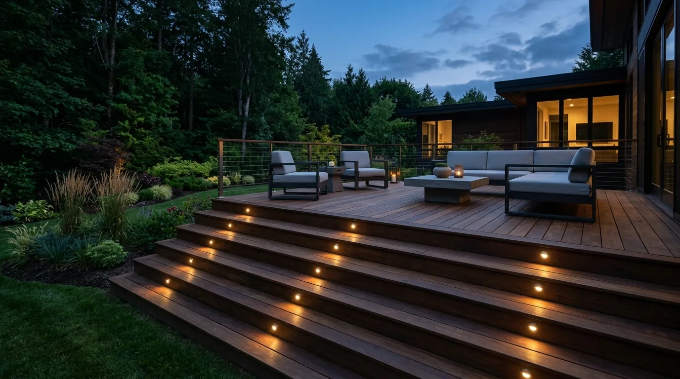 Modern wooden deck illuminated with low voltage step lights and a soft warm glow.