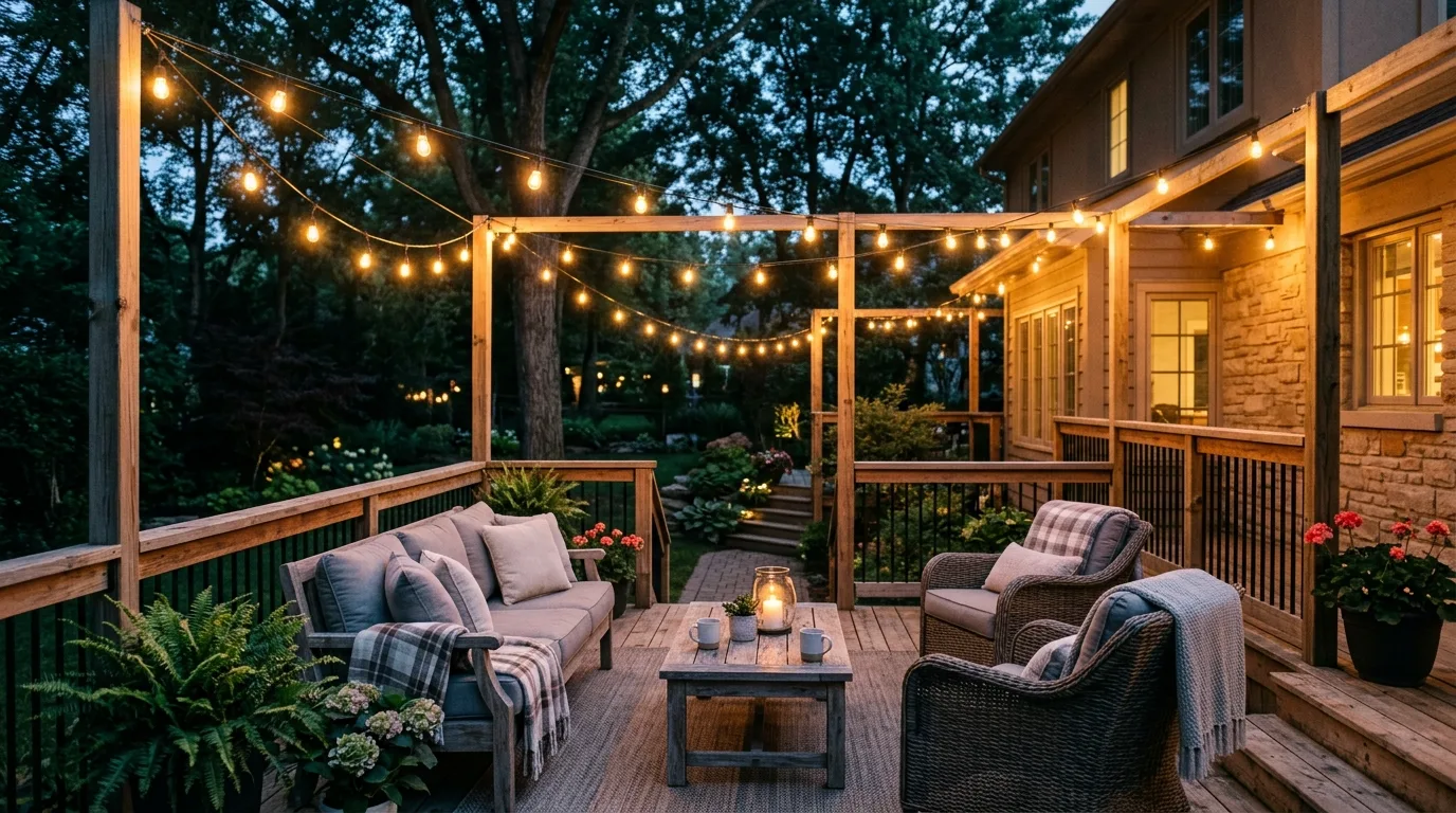 Backyard deck with low voltage string lights draped overhead.