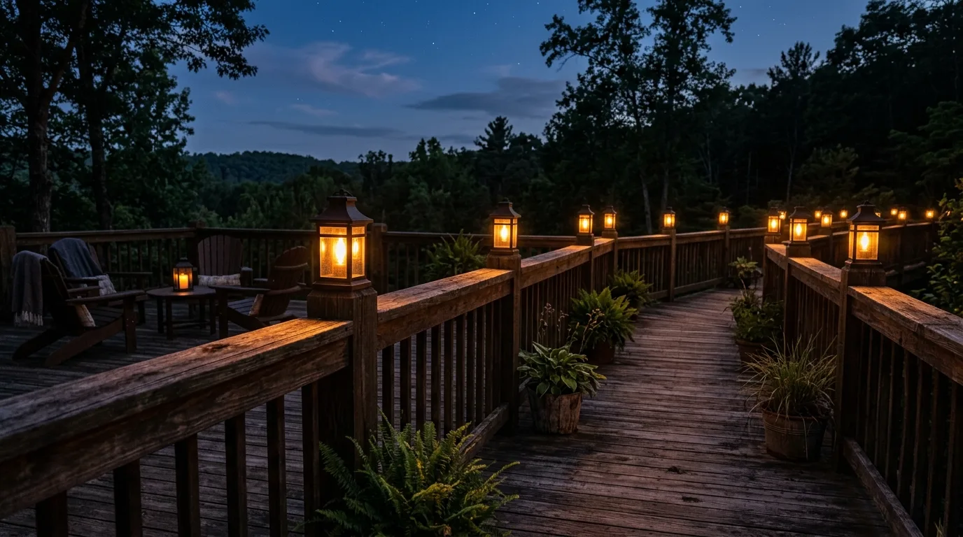 Rustic deck with low voltage lantern-style lights placed along the railings.