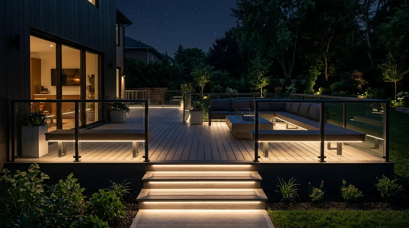 Contemporary deck with low voltage LED strip lighting under benches and edges.