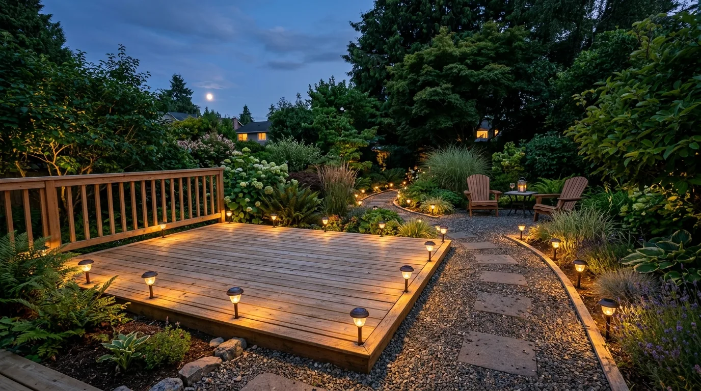 Garden deck with low voltage pathway lights outlining the perimeter.