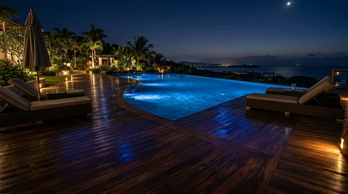 Boho deck setup with low voltage fairy lights wrapped around posts and plants.