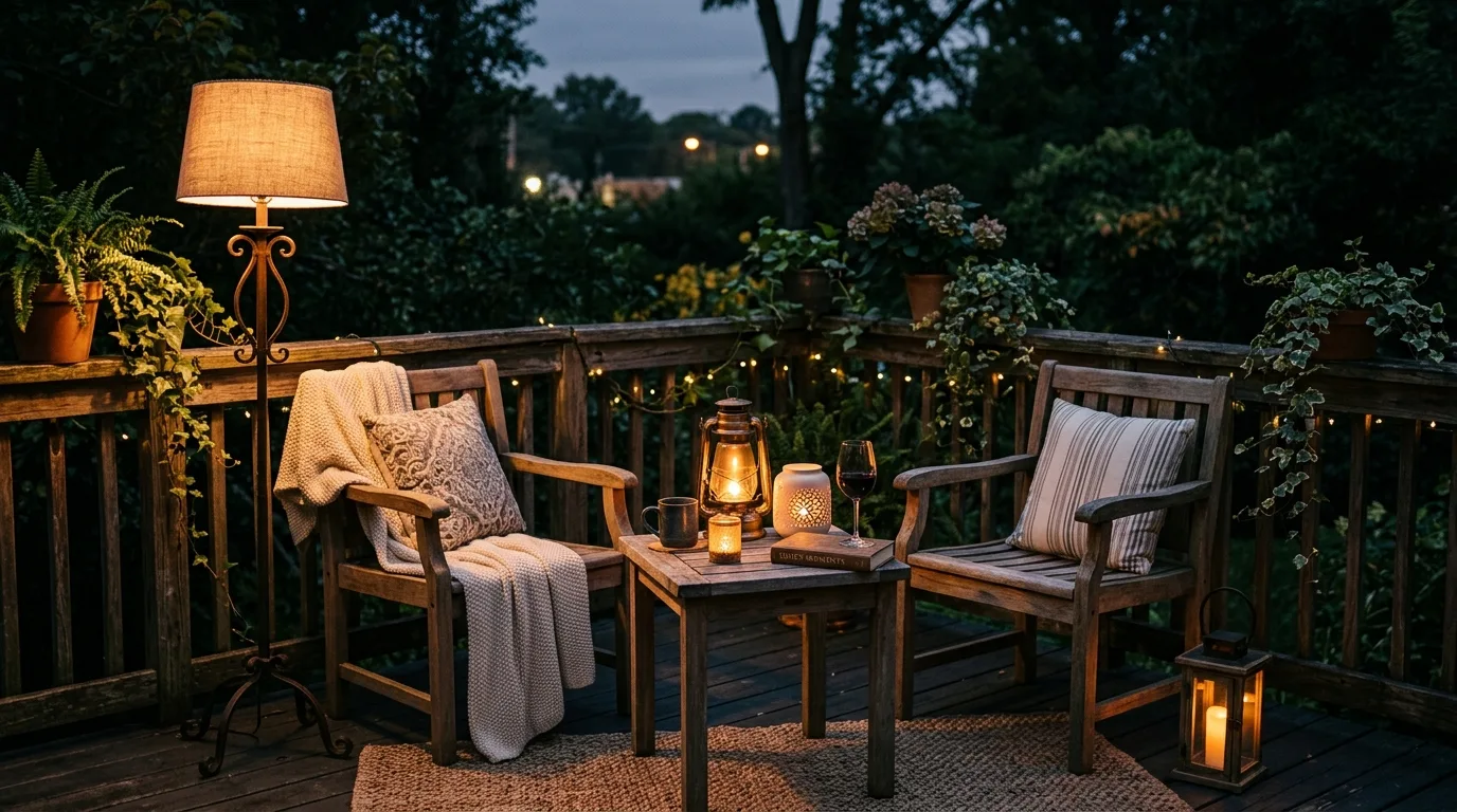 Small private deck with low voltage tabletop lanterns and floor lamps.