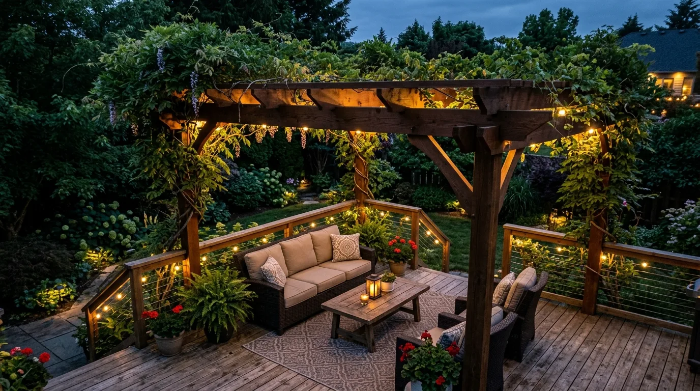 Pergola-covered deck with low voltage lighting hidden in beams and vines.