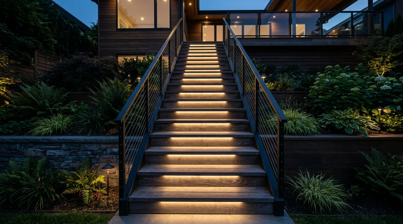 Modern deck staircase with low voltage step lighting guiding the path.