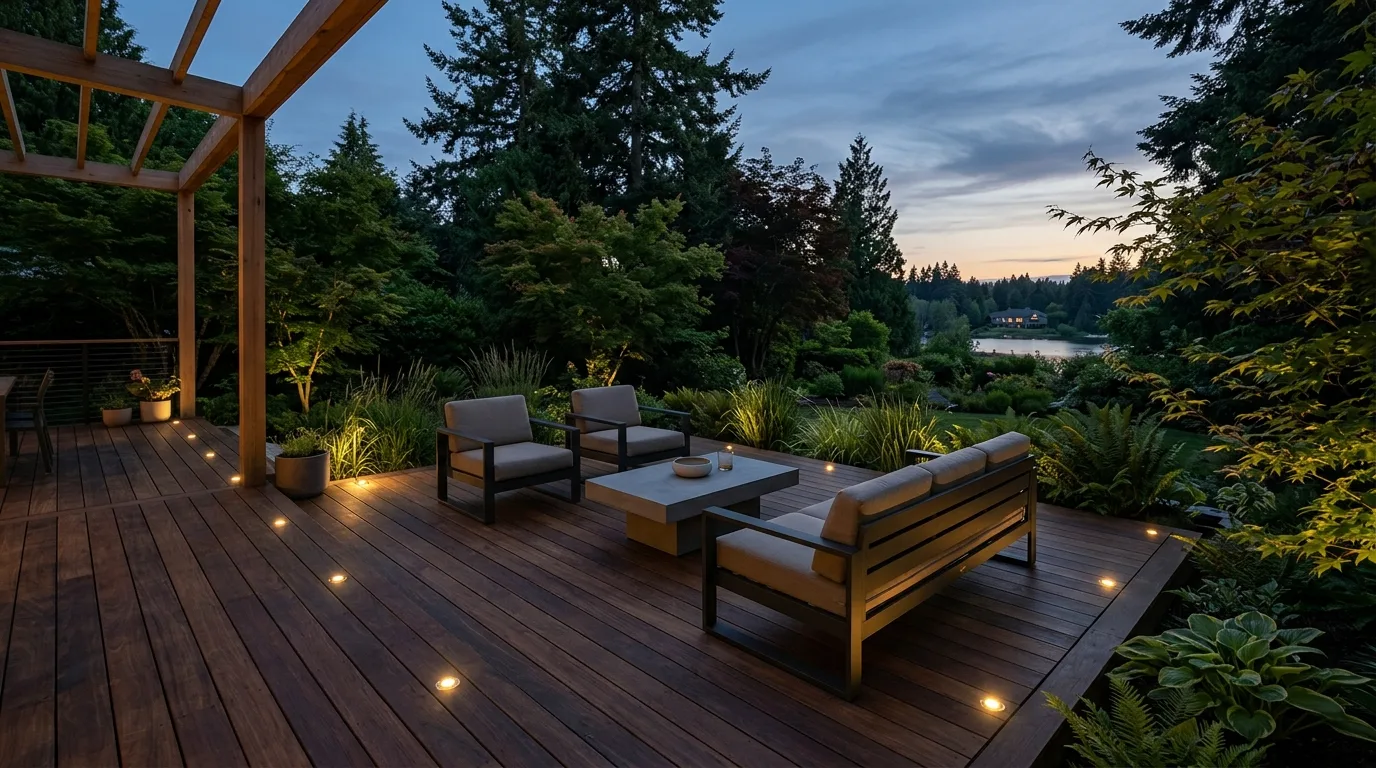 Minimalist deck with low voltage ground lights subtly highlighting plants and furniture edges.