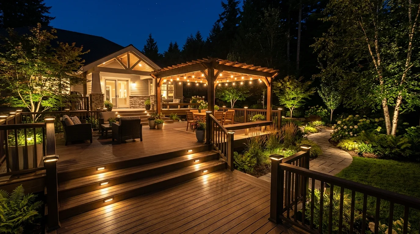 Backyard deck showcasing layered low voltage lighting across steps, pergola, railings, and landscape accents.