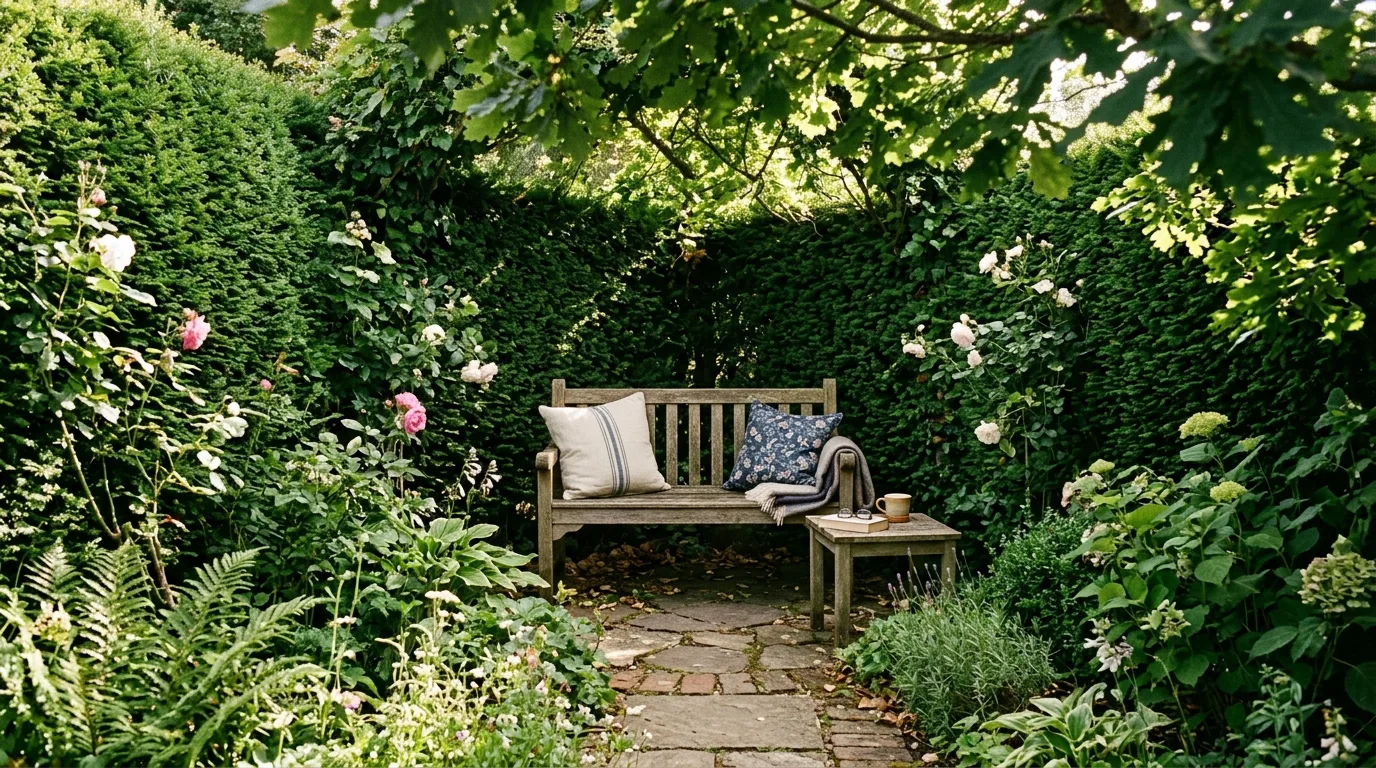 Hidden garden nook surrounded by tall hedges with a wooden bench and soft cushions.