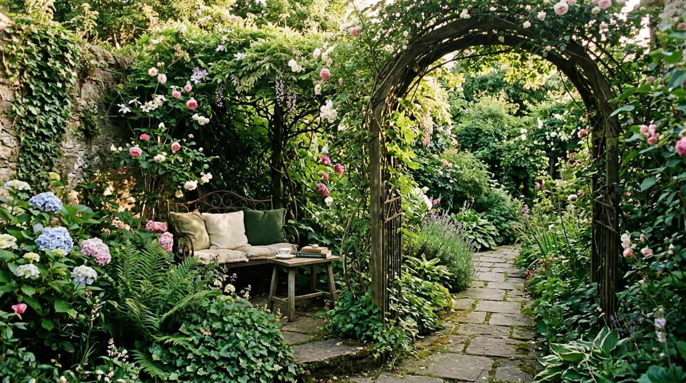 Secret garden corner with a stone pathway leading to a seating area under vines.