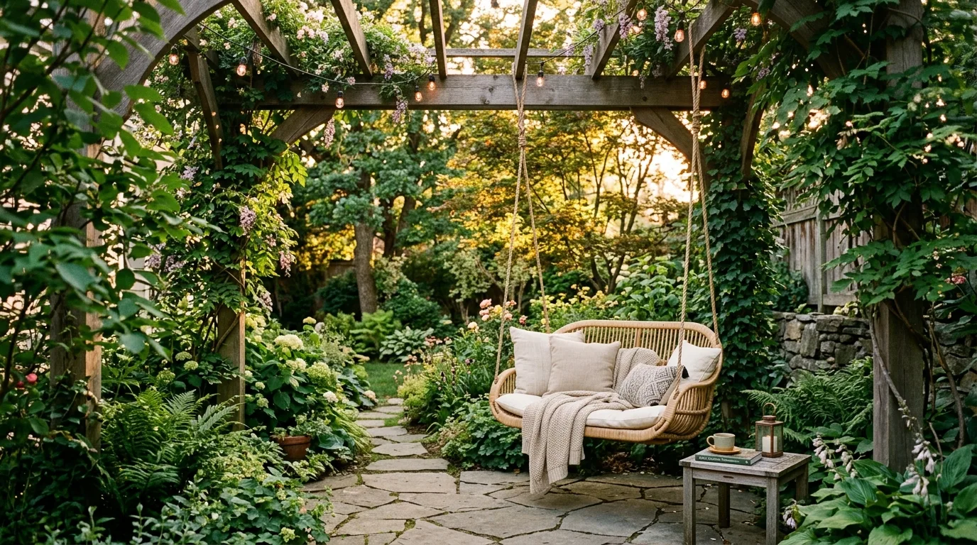 Secluded backyard retreat with a hanging swing chair under a pergola covered in greenery.