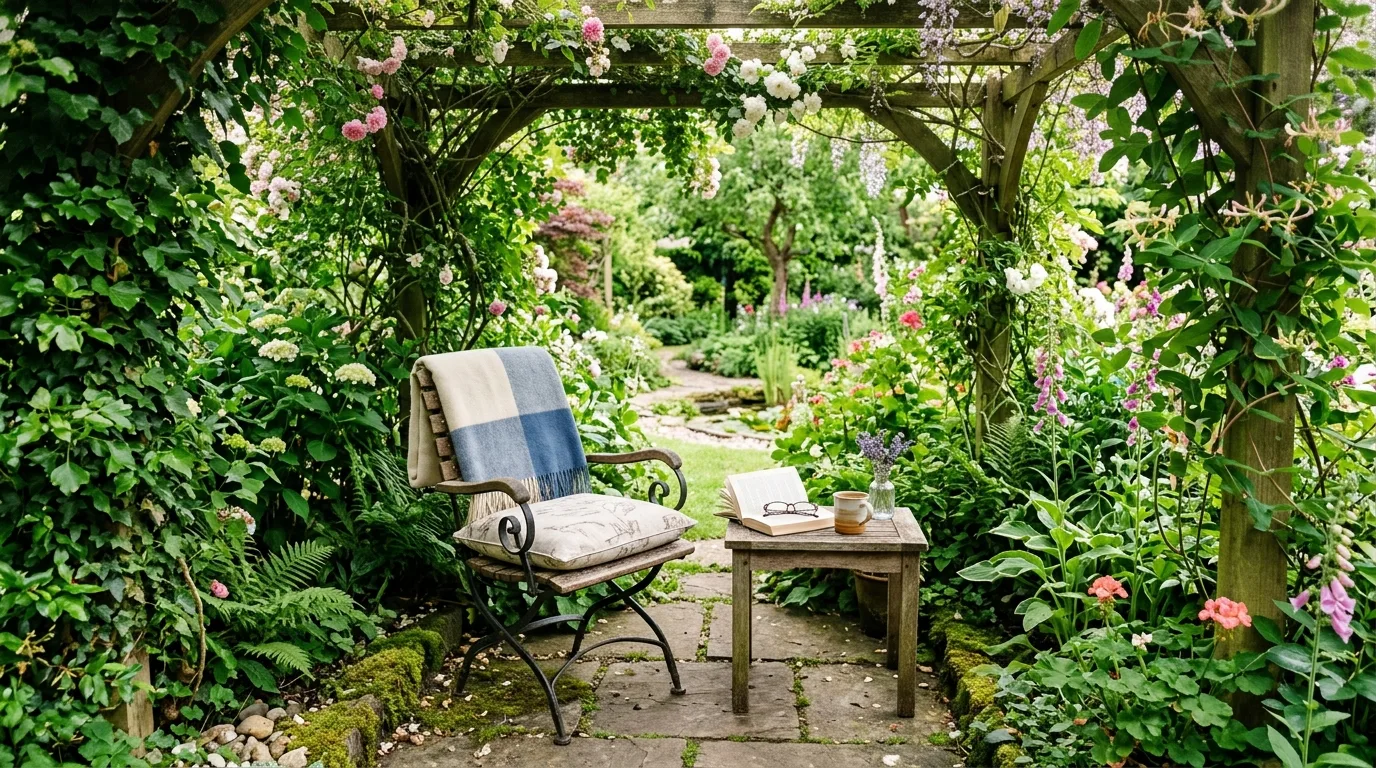 Hidden reading nook in a garden with a small chair, side table, and climbing plants.