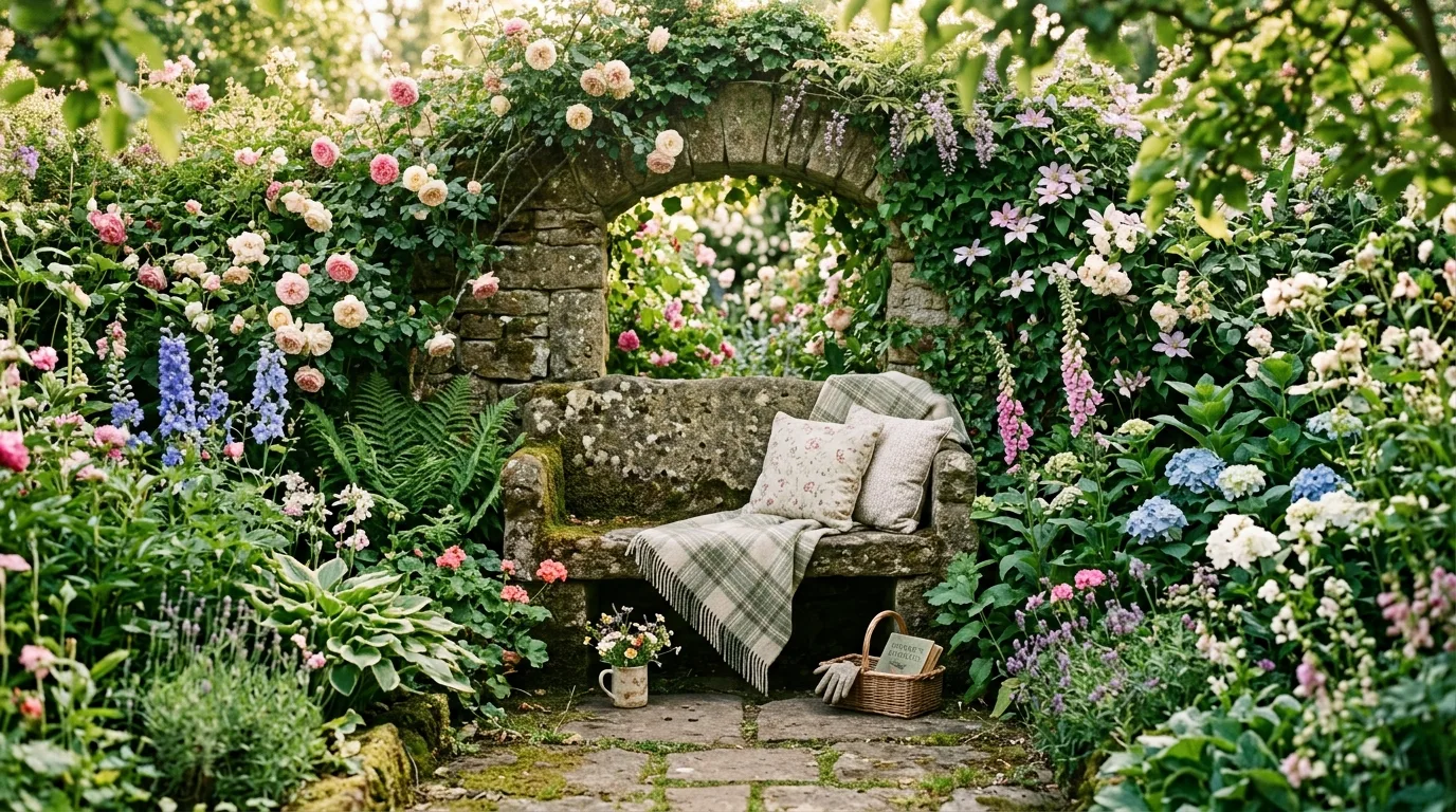 Garden alcove with a rustic stone bench surrounded by flowers and greenery.