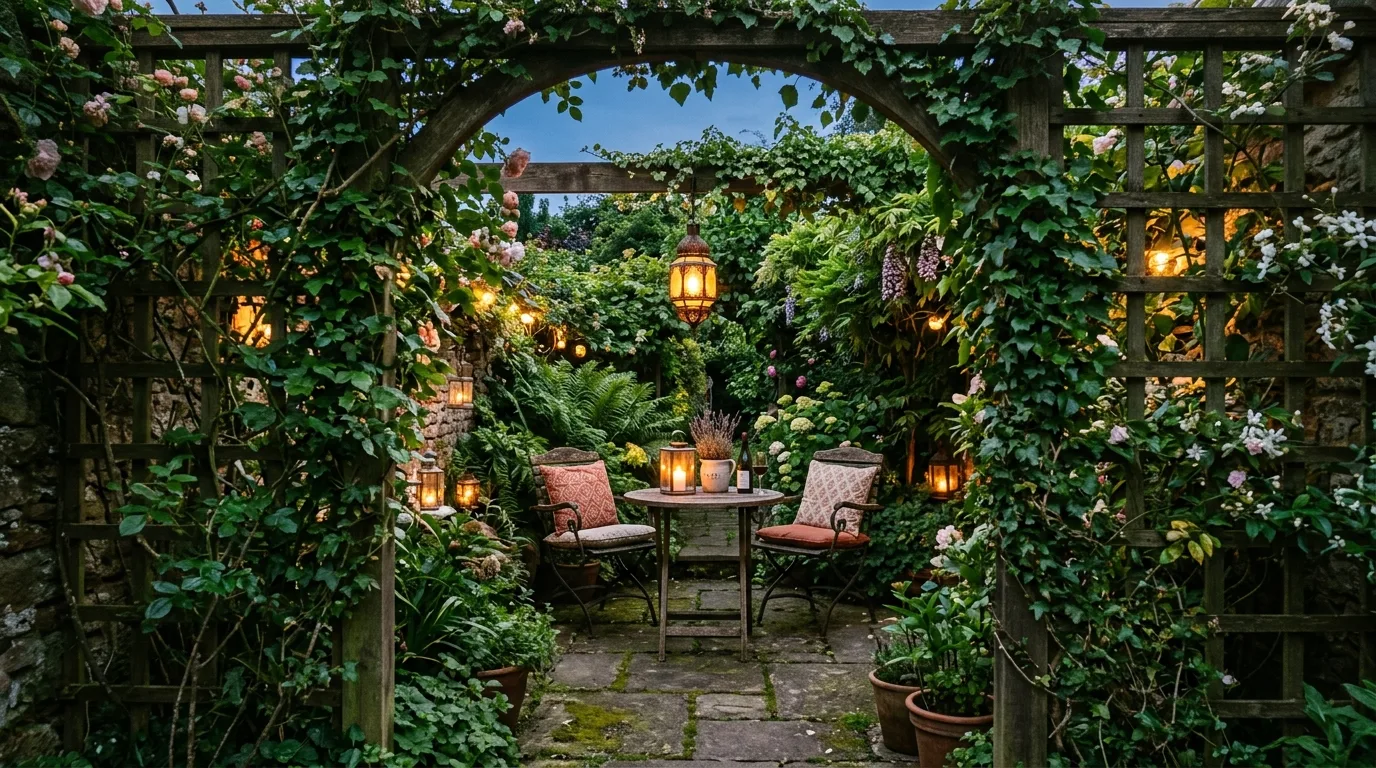 Concealed garden space behind a wooden trellis with ivy, seating, and lanterns.
