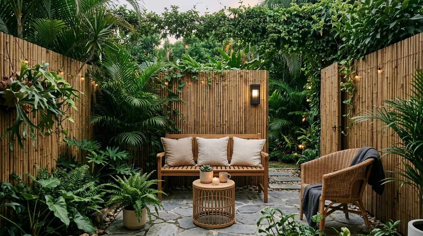 Tucked-away patio nook enclosed by bamboo screens and lush plants.