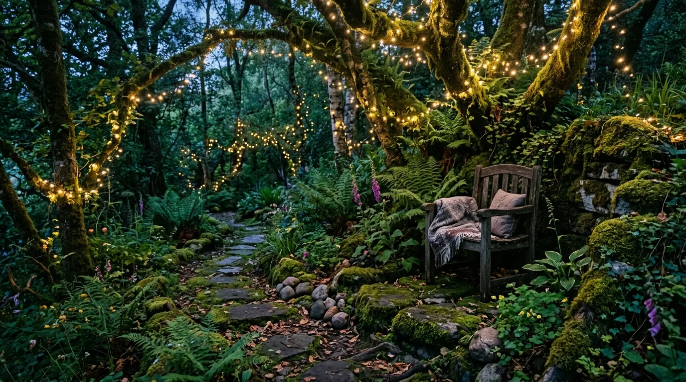 Woodland-inspired hidden garden with moss-covered stones, a chair, and fairy lights.