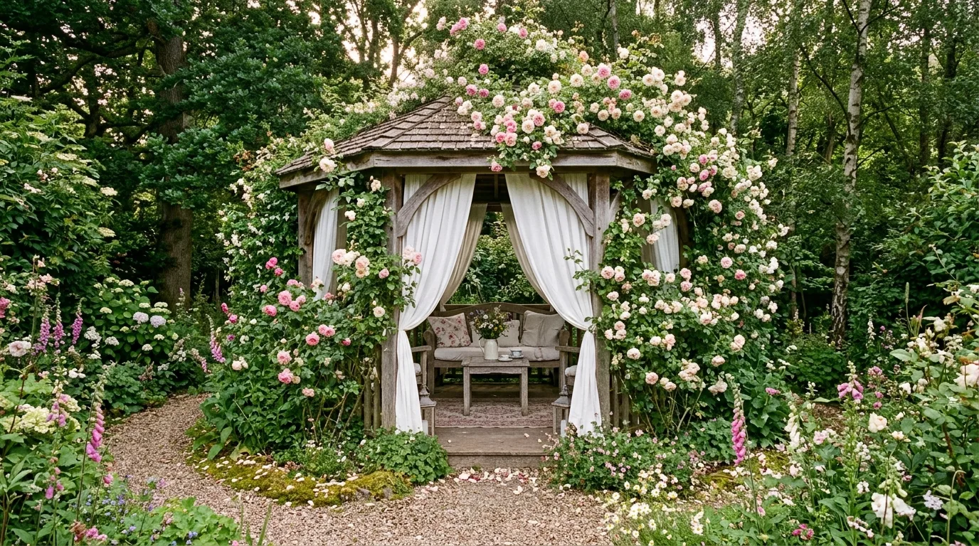 Secret garden gazebo hidden by climbing roses and greenery.