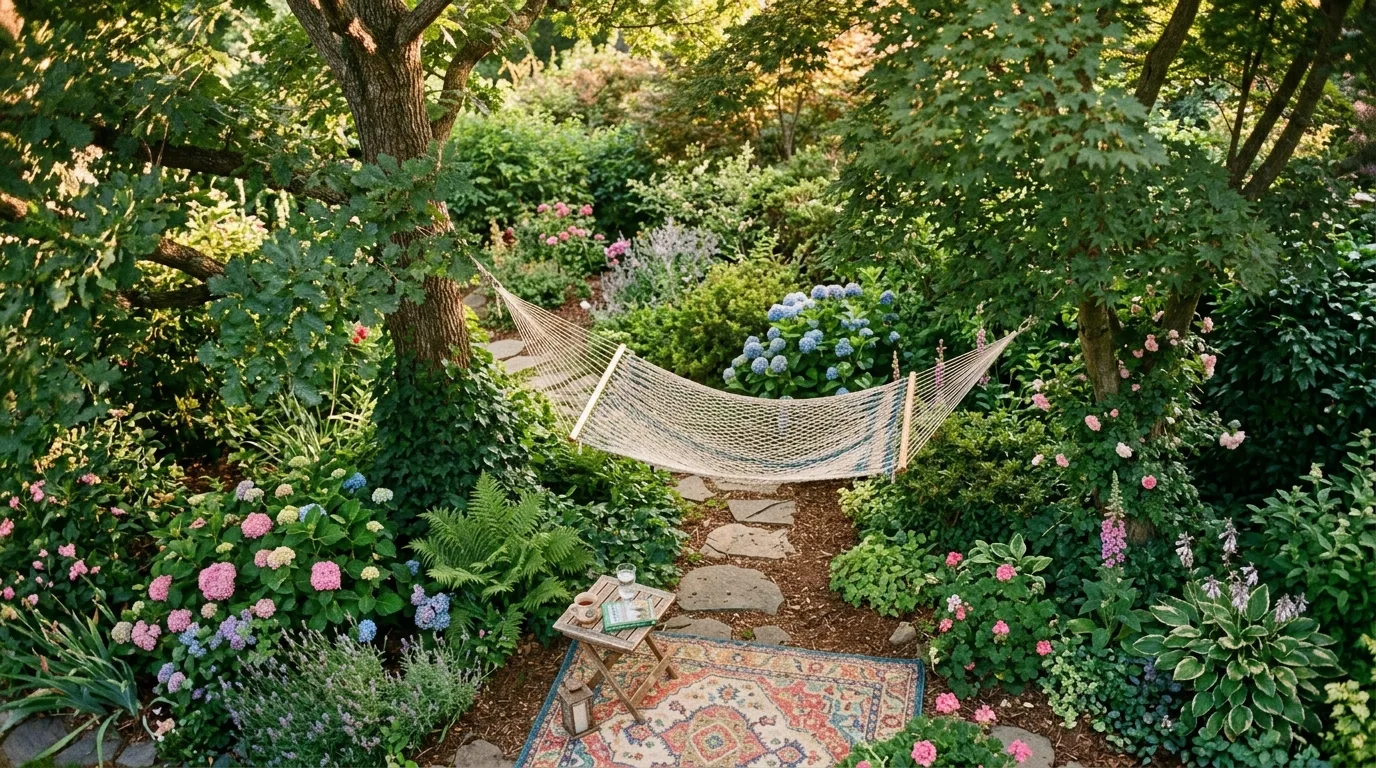 Cozy backyard nook with a hammock between trees surrounded by dense foliage and flowers.