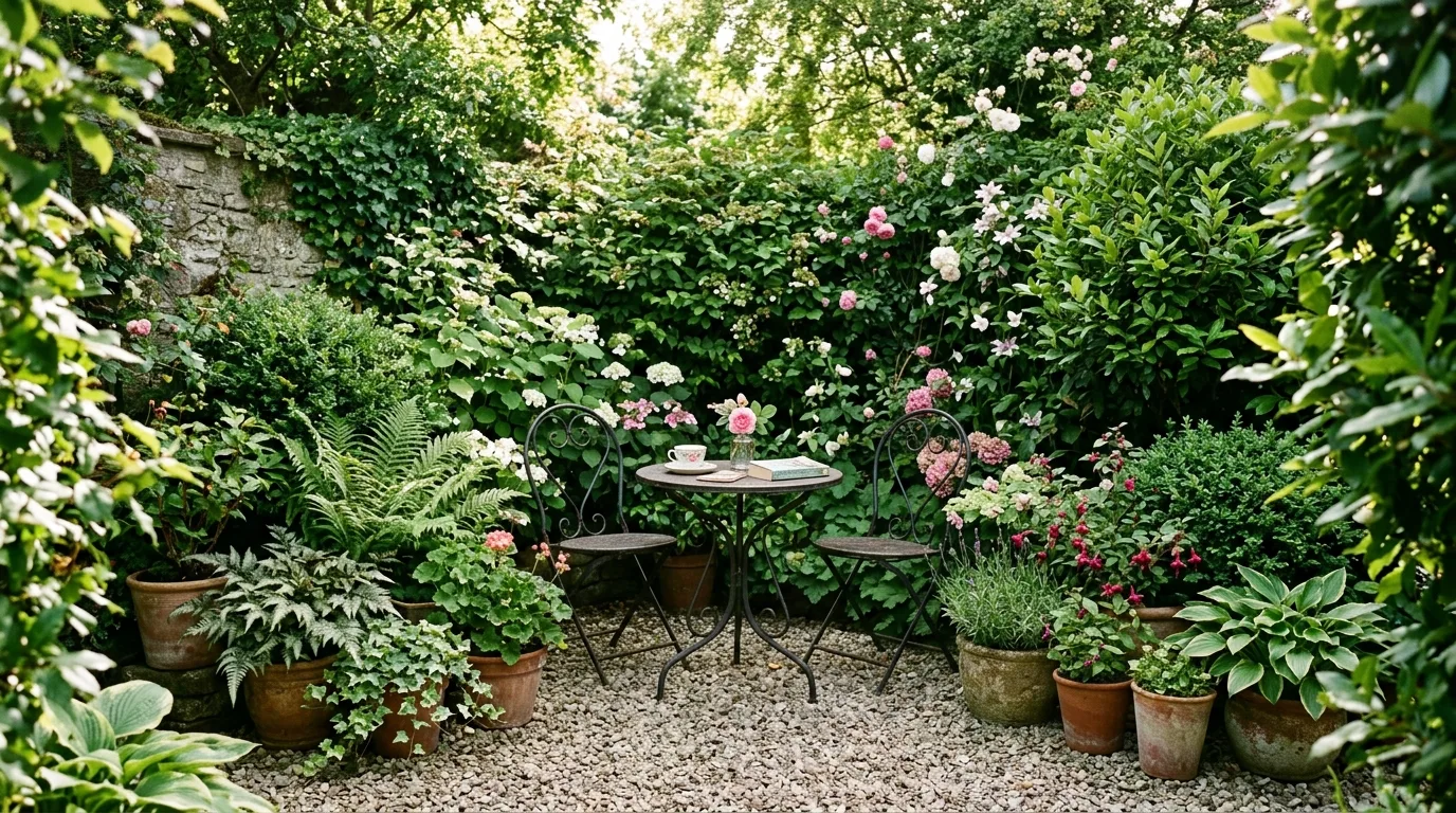 Hidden garden corner with a gravel floor, potted plants, and a bistro set behind tall shrubs.