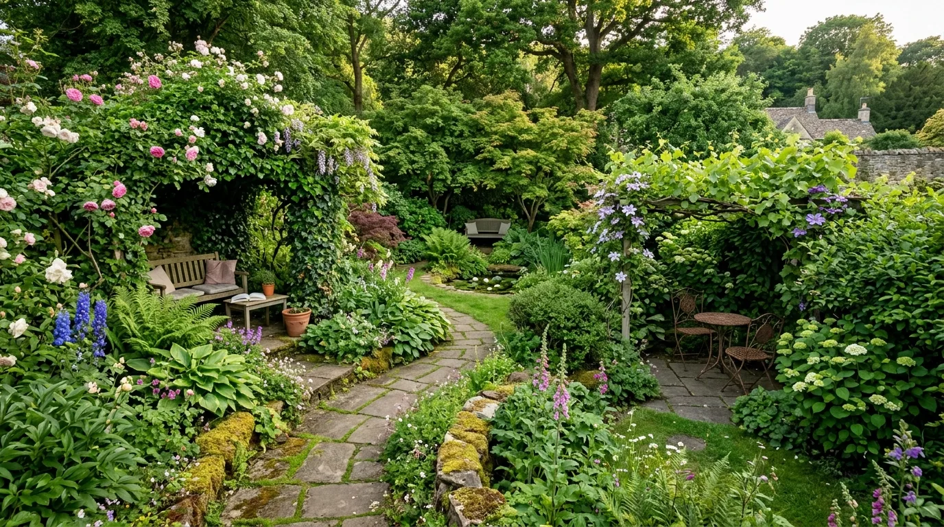 Lush backyard showing multiple hidden garden nooks with seating, vines, and greenery.