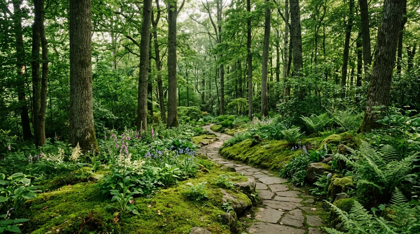 Small woodland garden with mossy ground, tall shade trees, and a winding stone path.