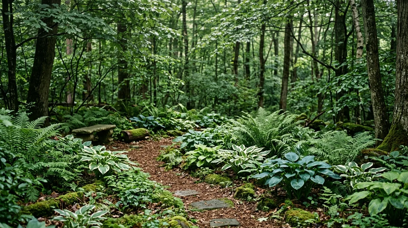 Shady woodland retreat with ferns, hostas, and layered greenery.