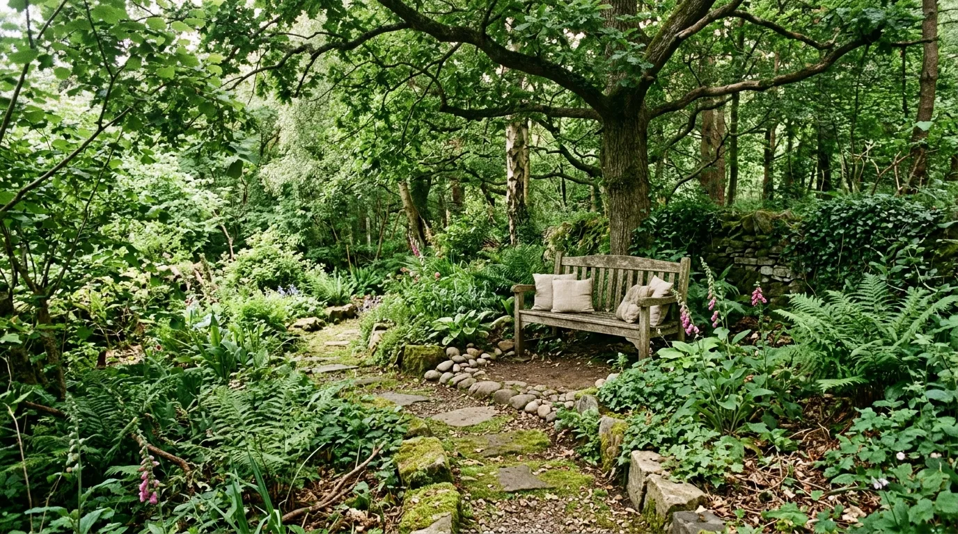 Compact woodland garden with wooden bench under dense trees.