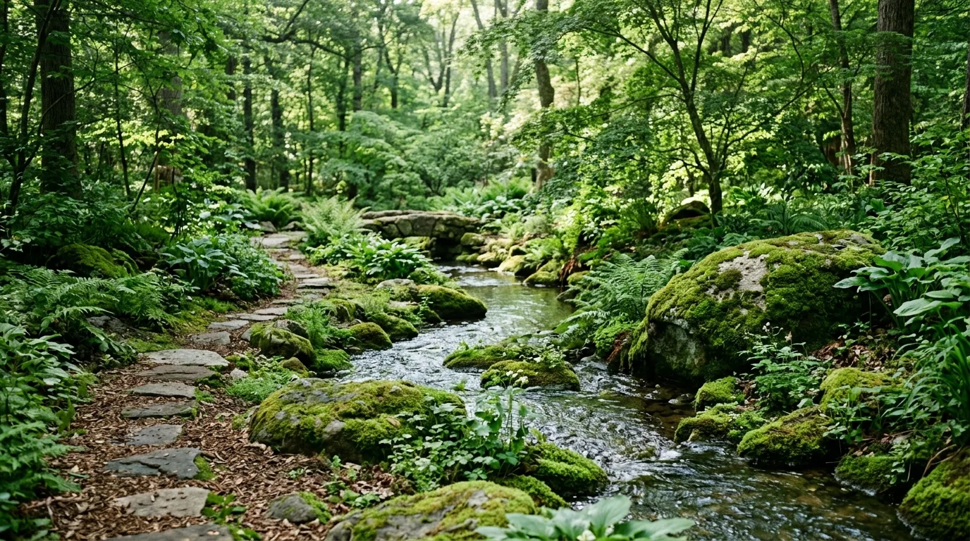 Small forest garden with stream, mossy rocks, and dappled light.