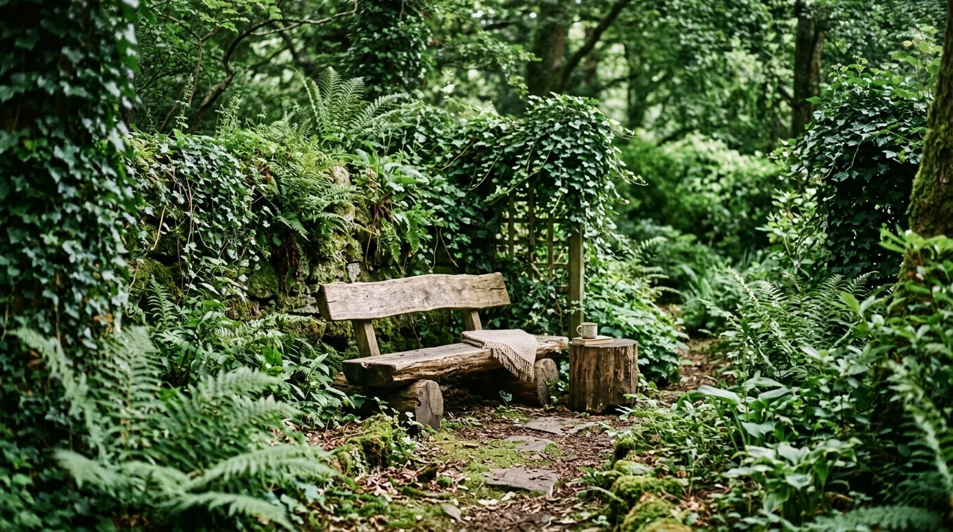 Shaded woodland nook with rustic log seating, ferns, and ivy.