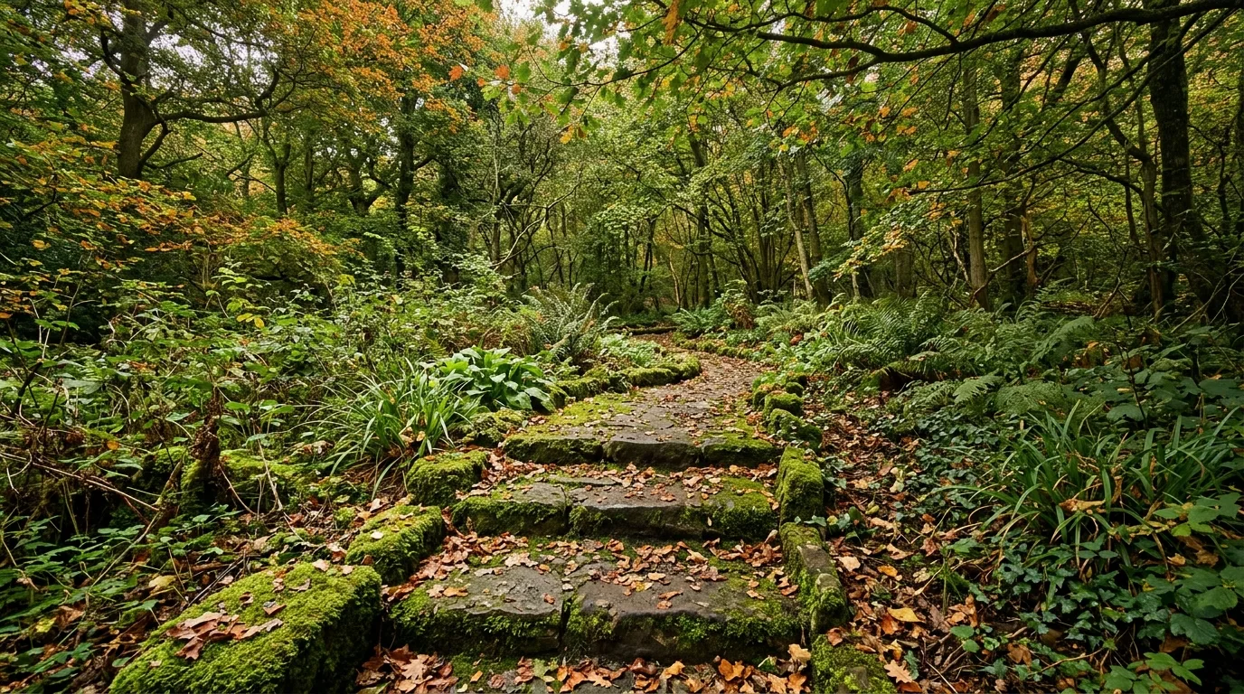 Woodland garden path of stepping stones covered in moss and leaves.