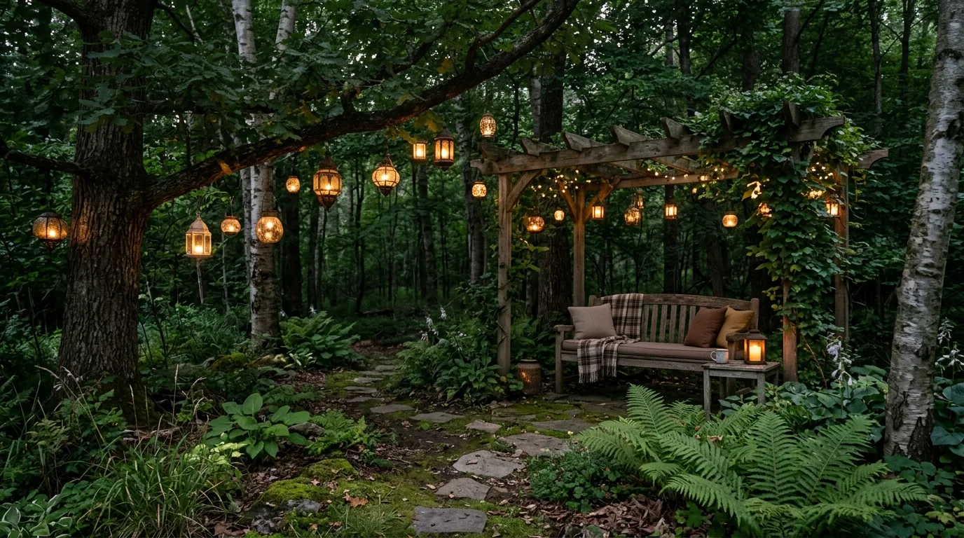 Backyard woodland corner with hanging lanterns glowing among the trees.