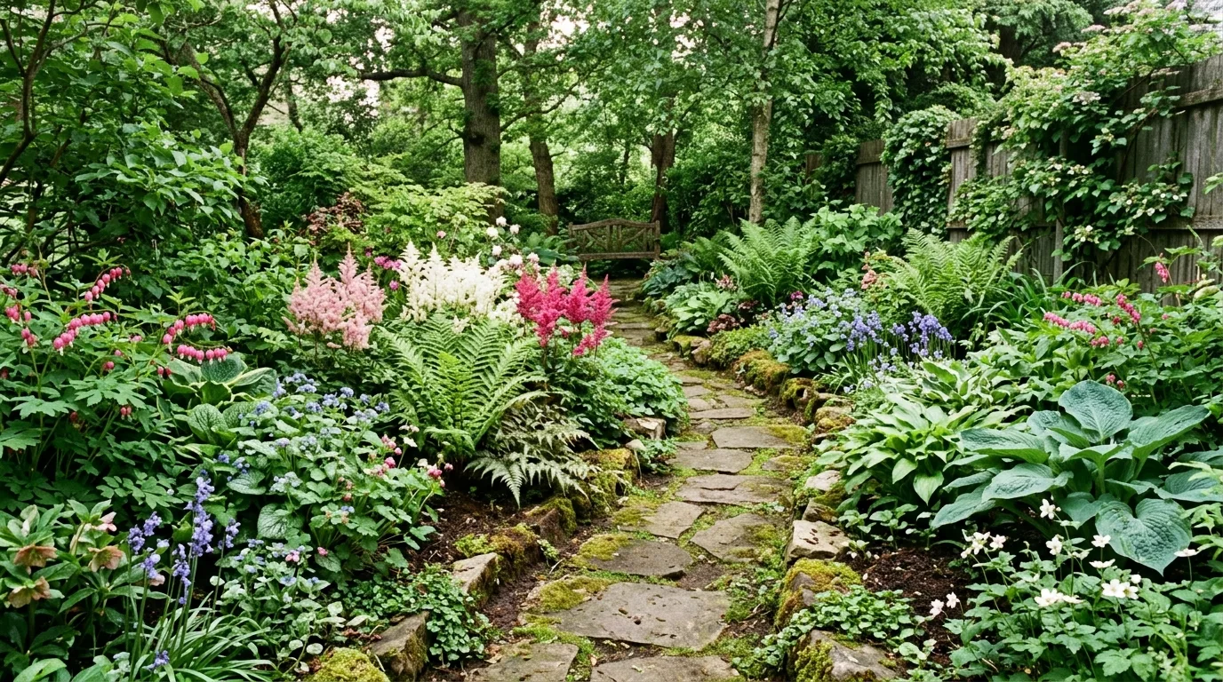 Small shaded garden with layered ferns, astilbe, and woodland flowers.