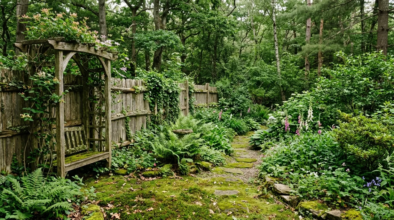Rustic woodland garden with natural wood fence and dense greenery.
