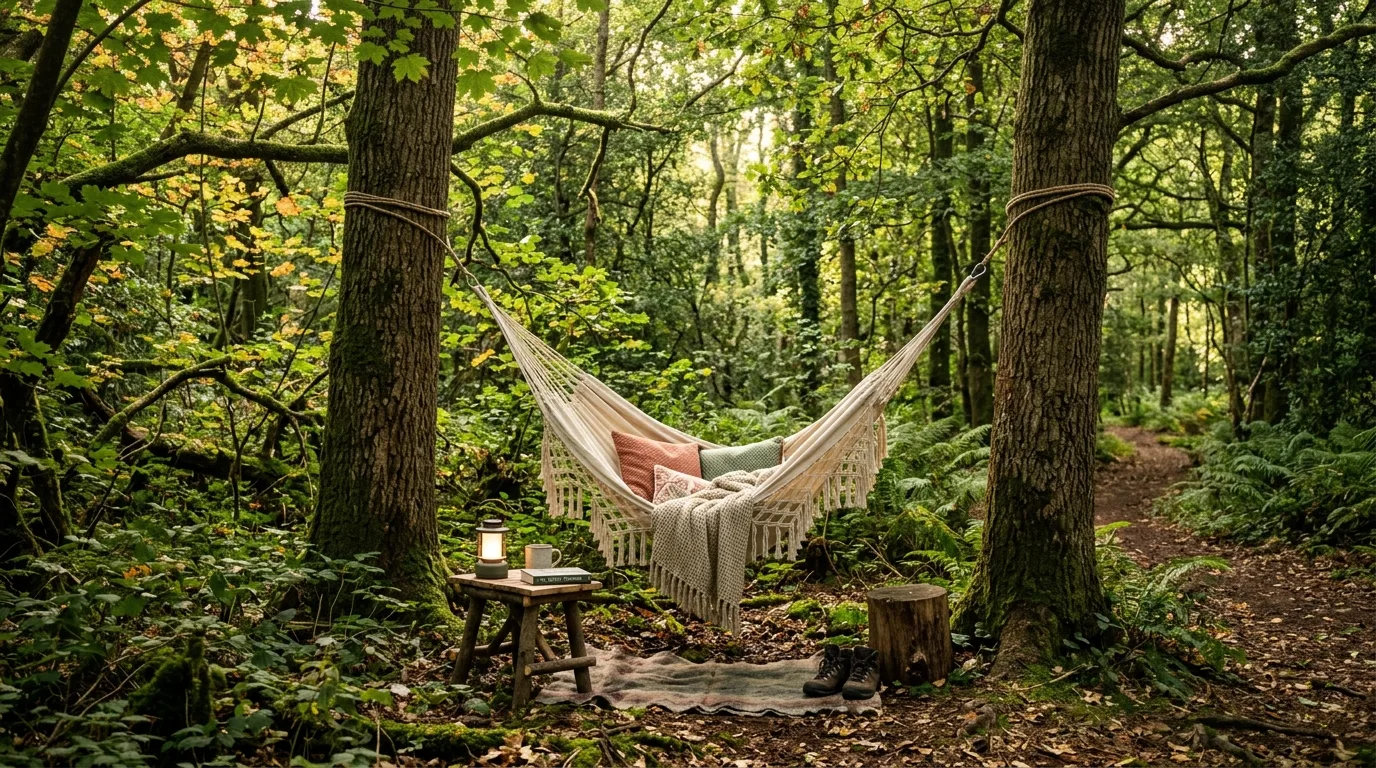Cozy woodland seating area with hammock chair and filtered sunlight.
