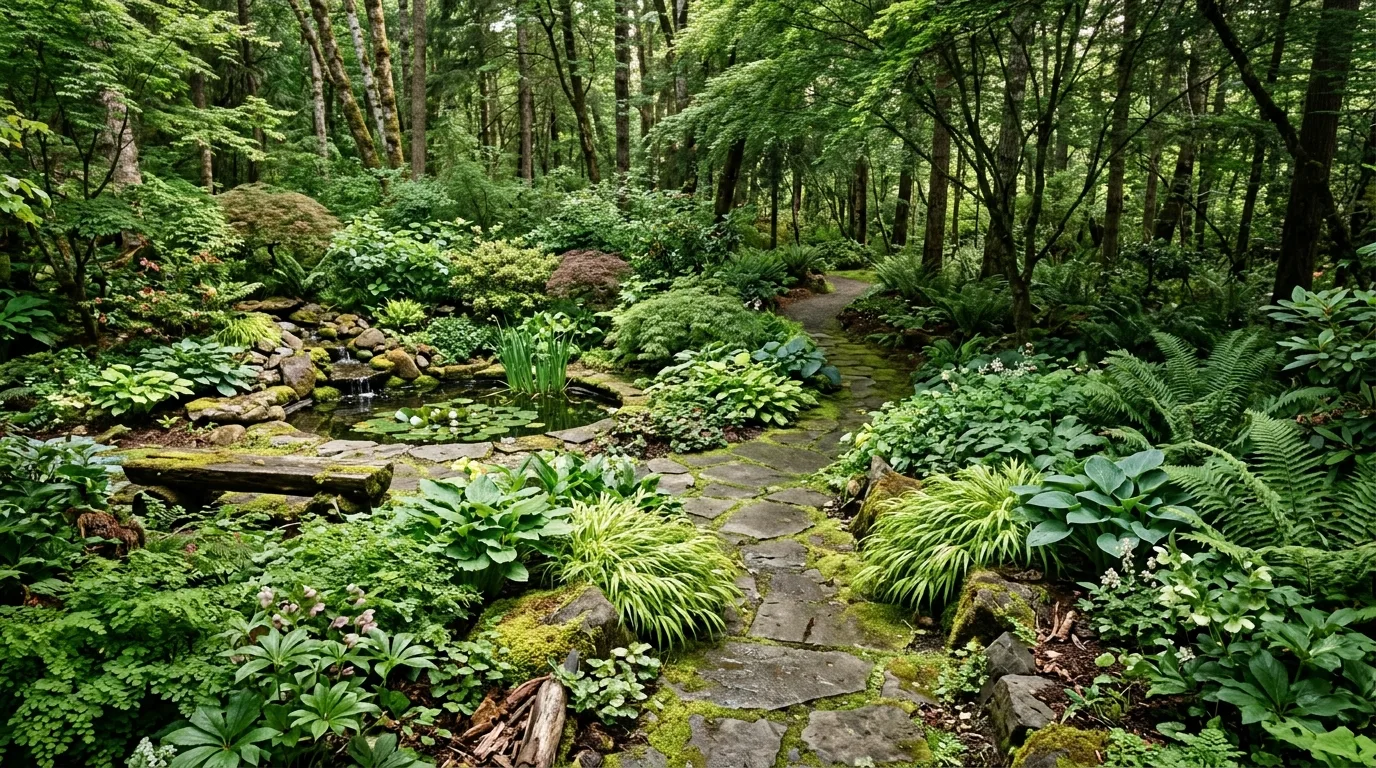 Fully designed small woodland garden with layered shade plants and natural stone paths.