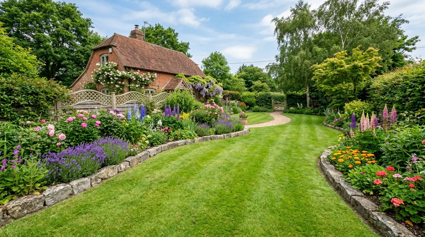 Small garden with simple stone border edging around flower beds and neat grass.