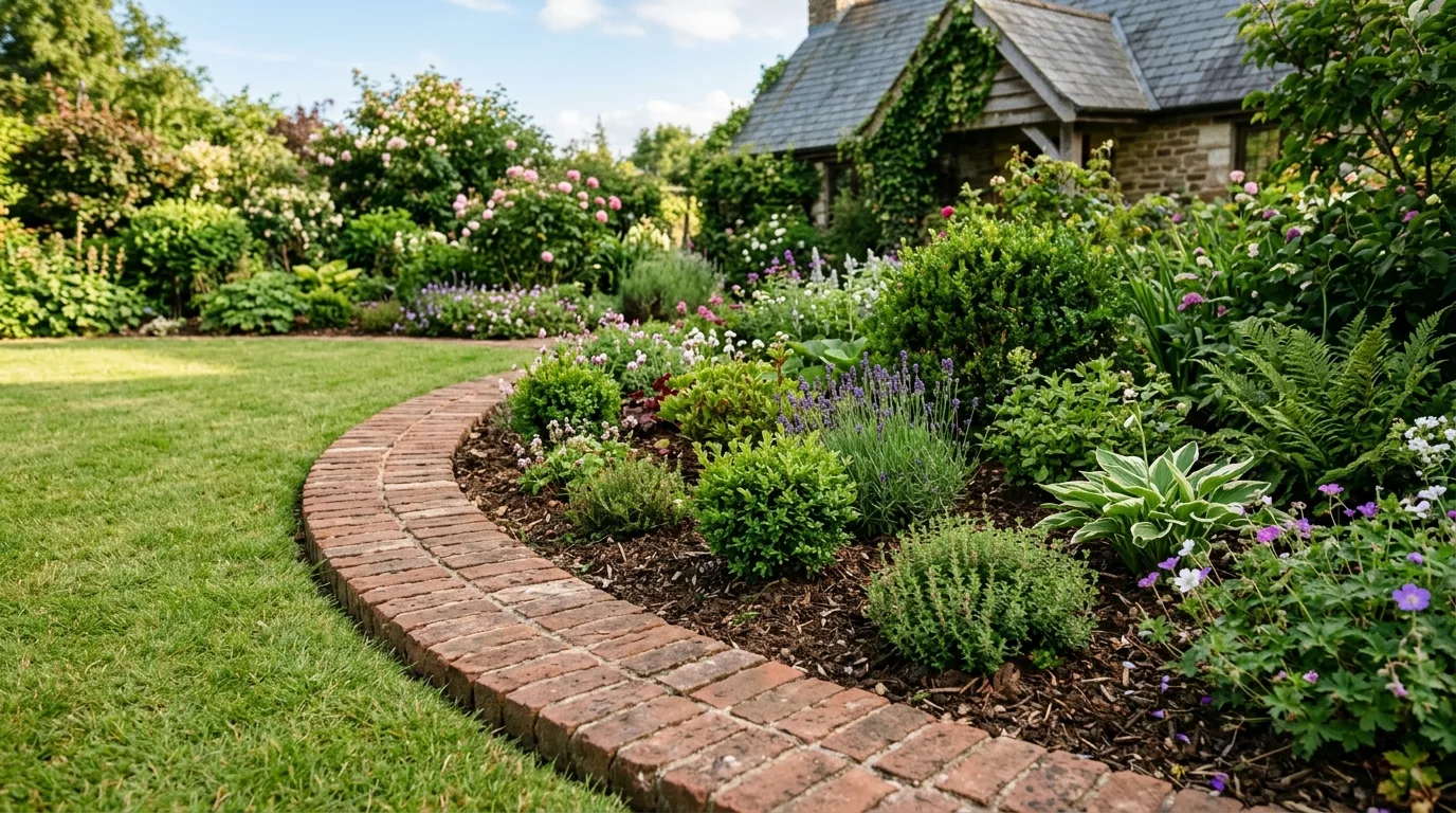 Minimalist metal edging border separating lawn and flower bed.