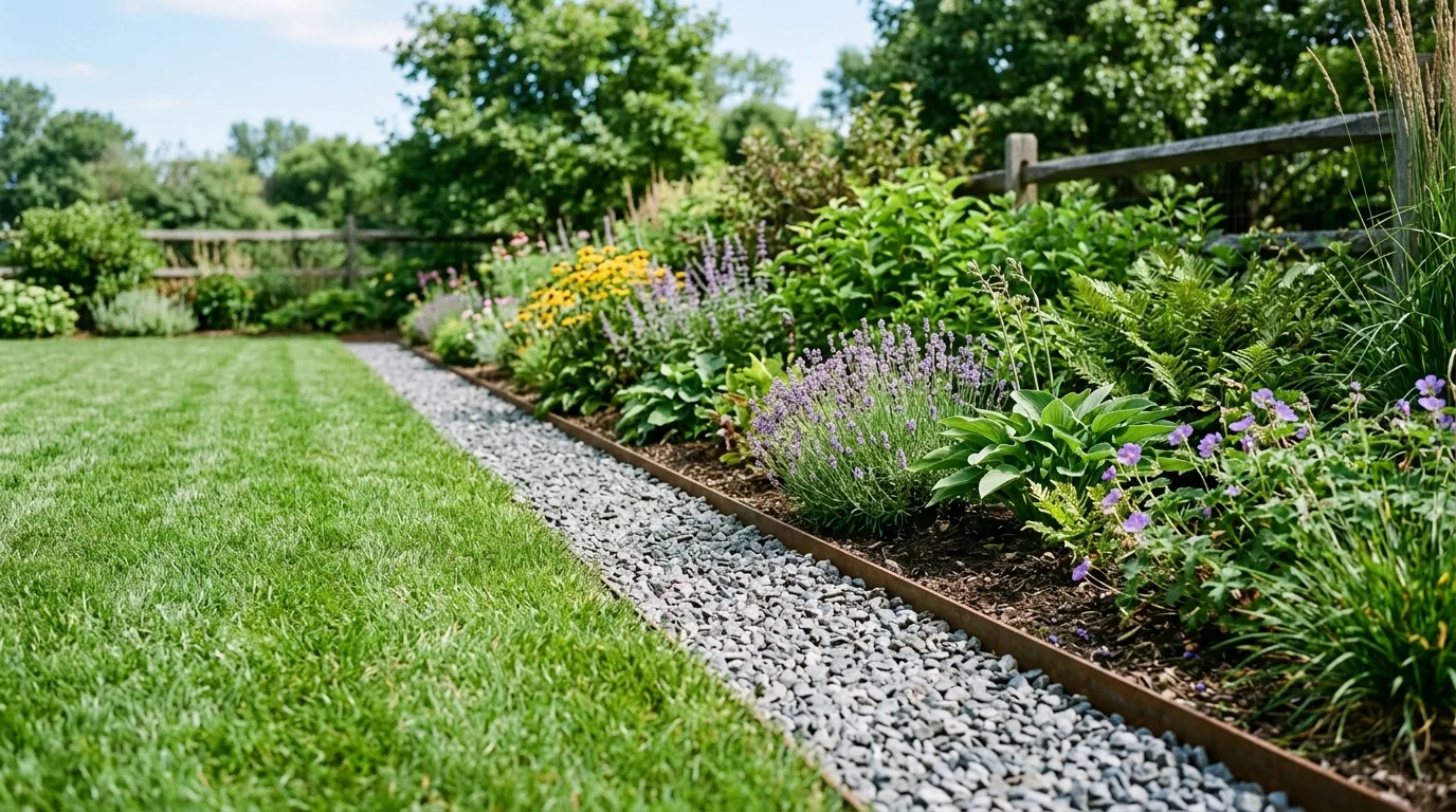 Brick garden border forming a tidy curved edge around small plants.