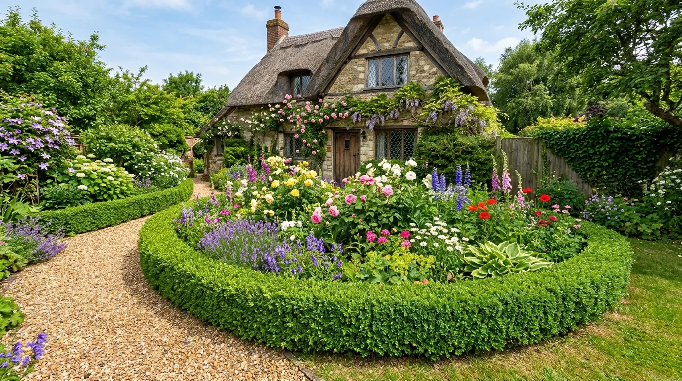Bamboo edging border around a small tropical-style garden bed.