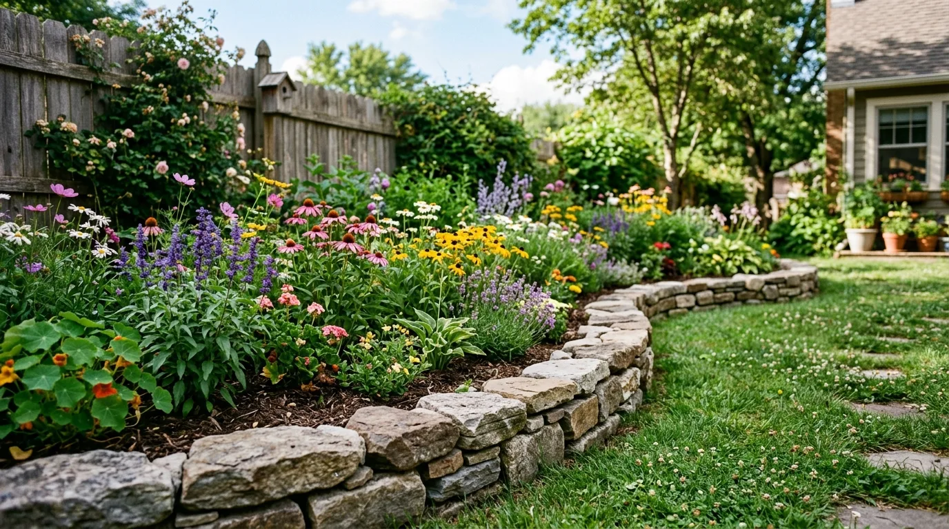 Low hedge border neatly trimmed around a small cottage garden bed.