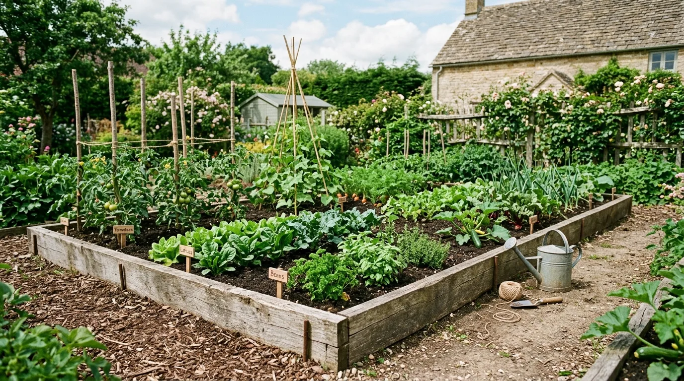 Recycled stone border outlining a small backyard flower garden.