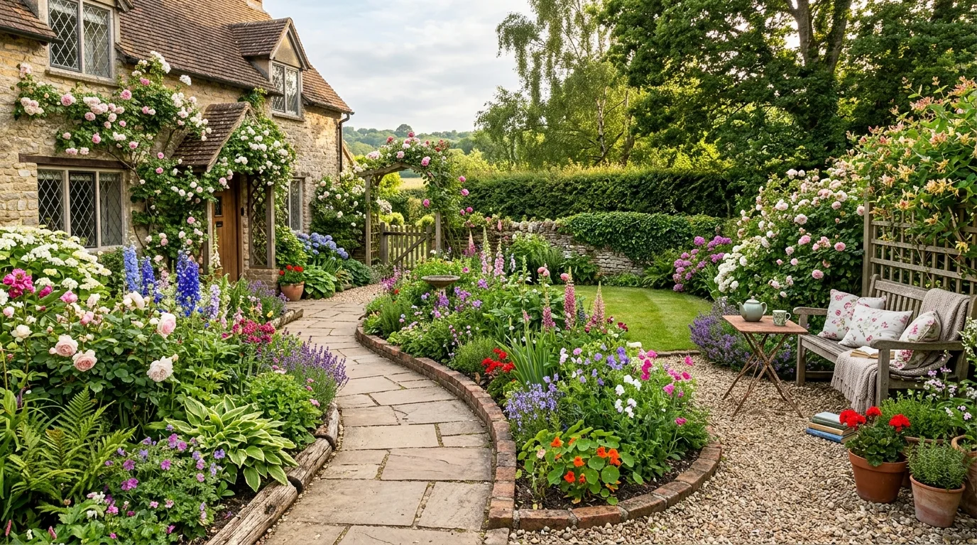 Mossy natural stone border blending into a shaded small garden corner.