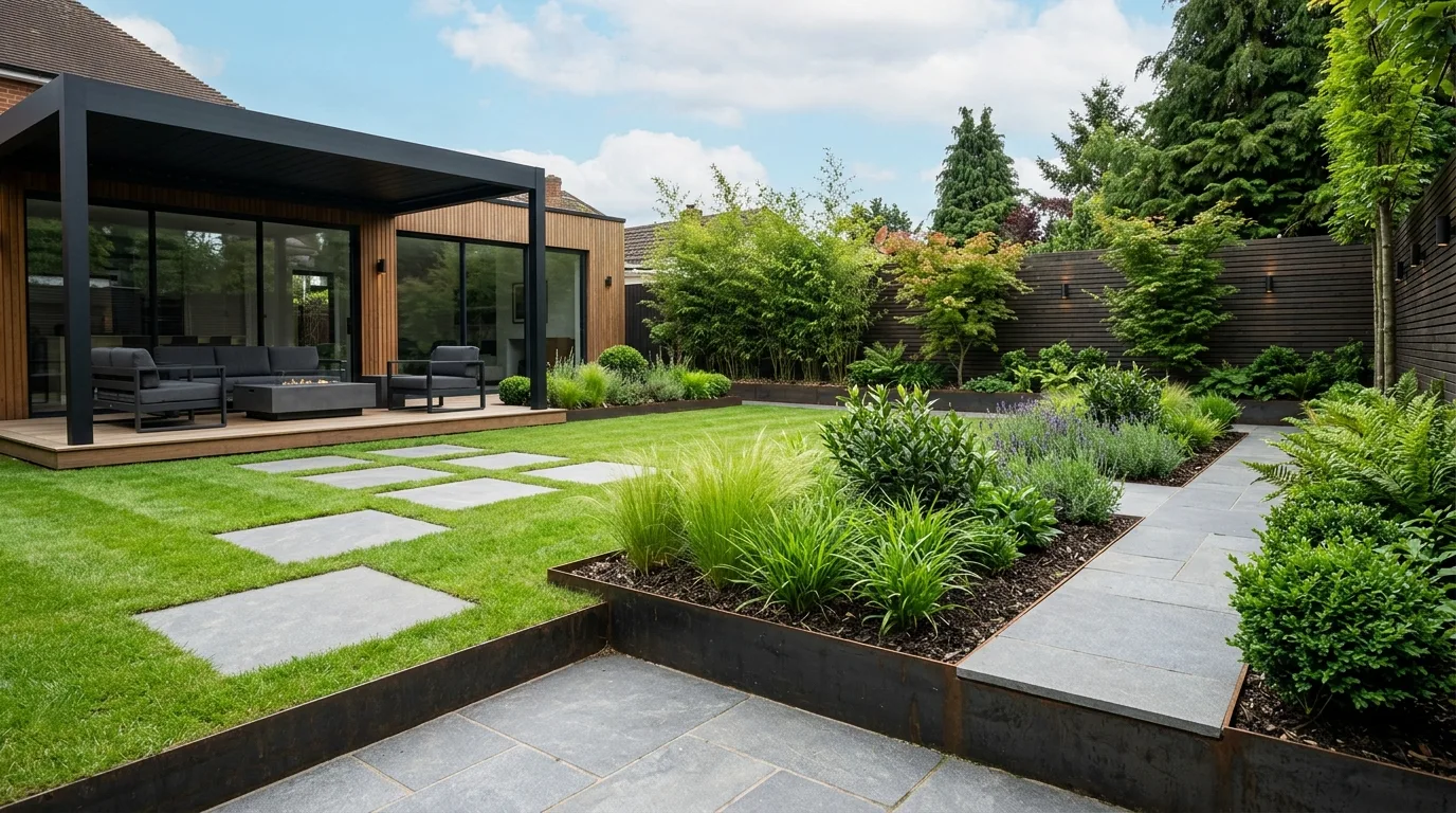 Cottage-style small garden with mixed flower beds defined by simple edging.