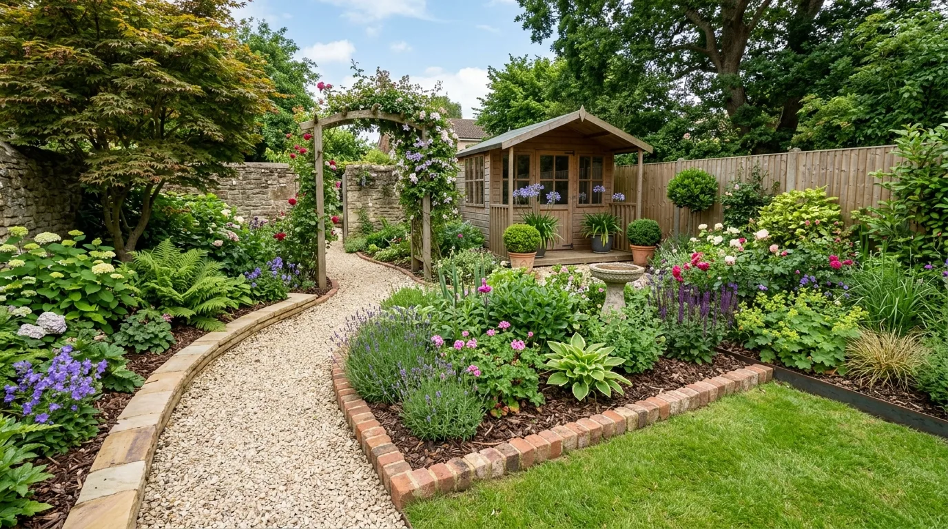 Modern backyard with clean straight garden borders using metal and stone combinations.