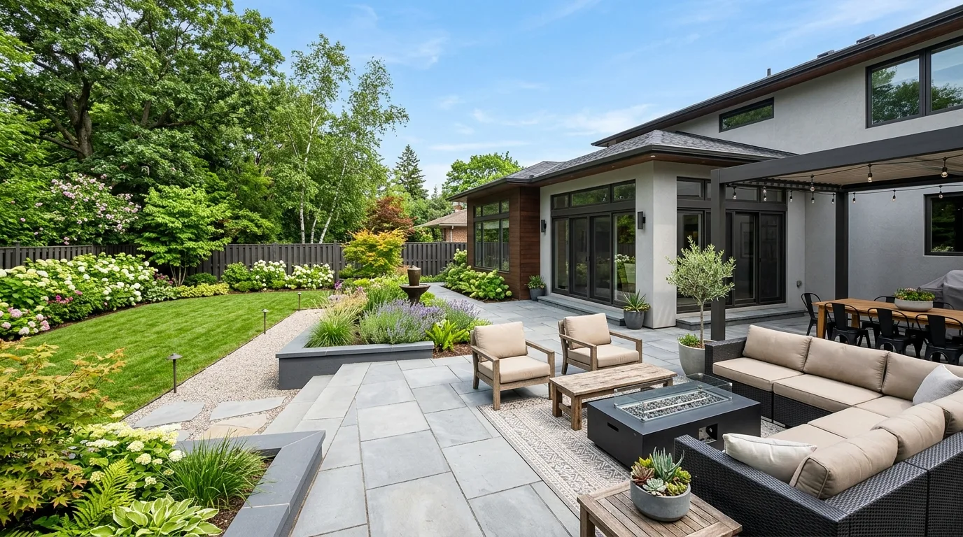 Modern renovated backyard with stone patio, fresh landscaping, and outdoor seating.