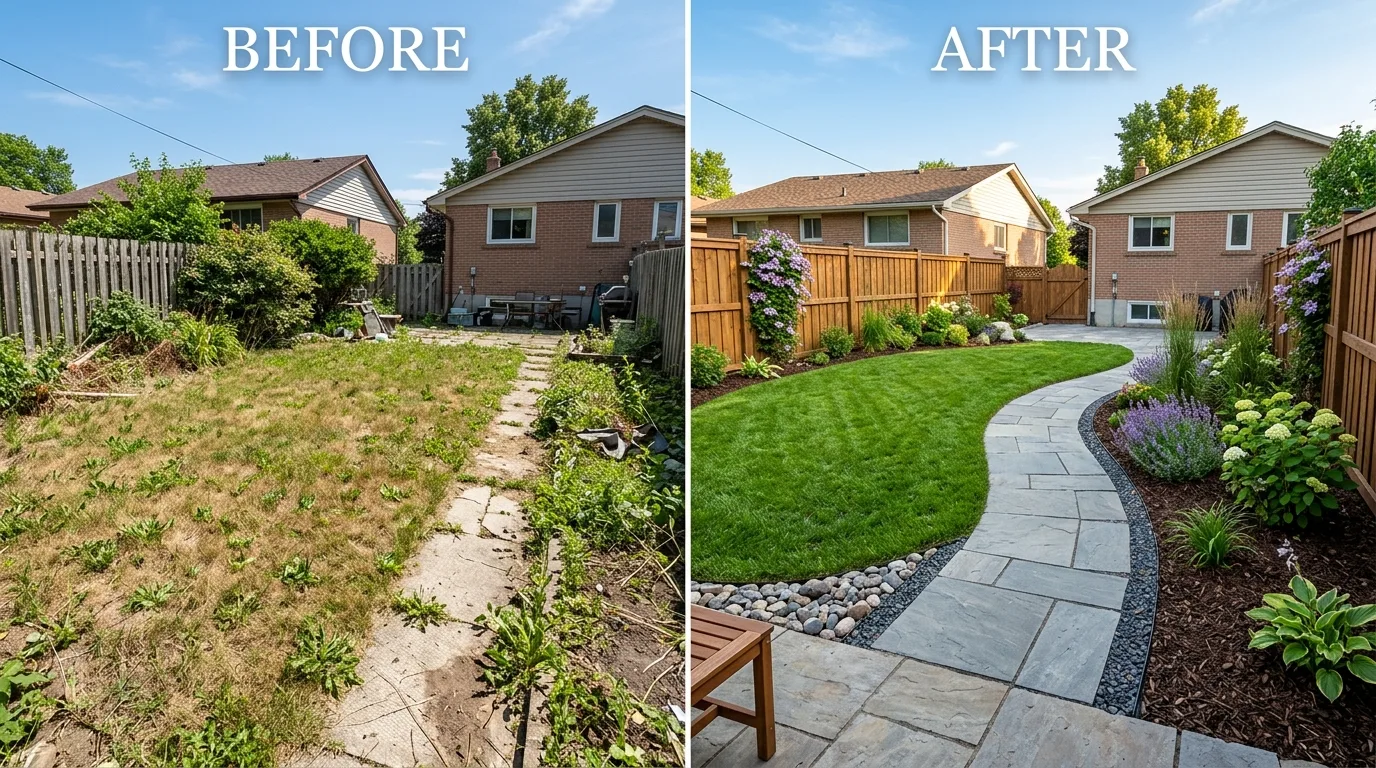Backyard transformation with fresh lawn, new garden beds, and clear pathways.