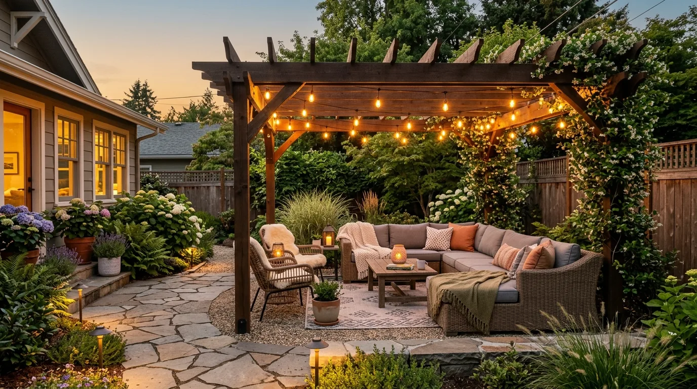 Renovated backyard with pergola, string lights, and lounge furniture.