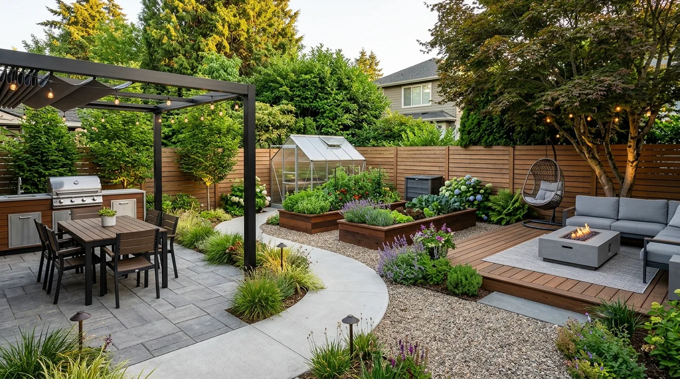Backyard redesign divided into dining, gardening, and relaxation zones.