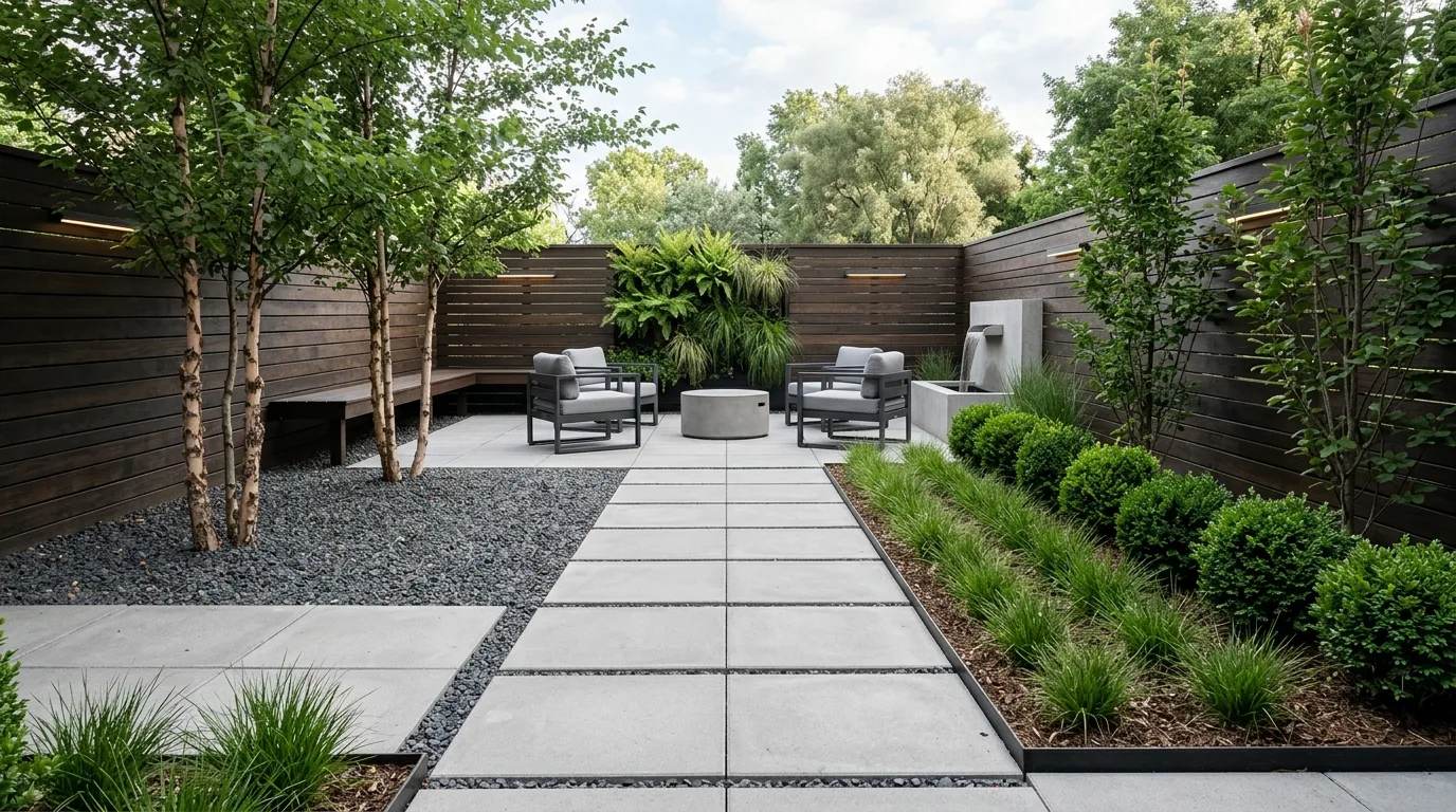 Minimalist backyard renovation with concrete pavers, gravel, and structured plants.