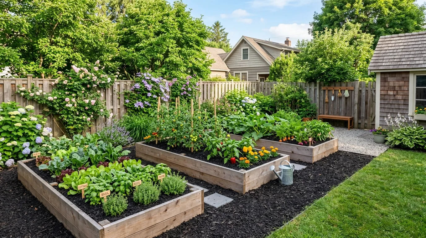 Backyard upgrade with raised garden beds and organized planting layout.