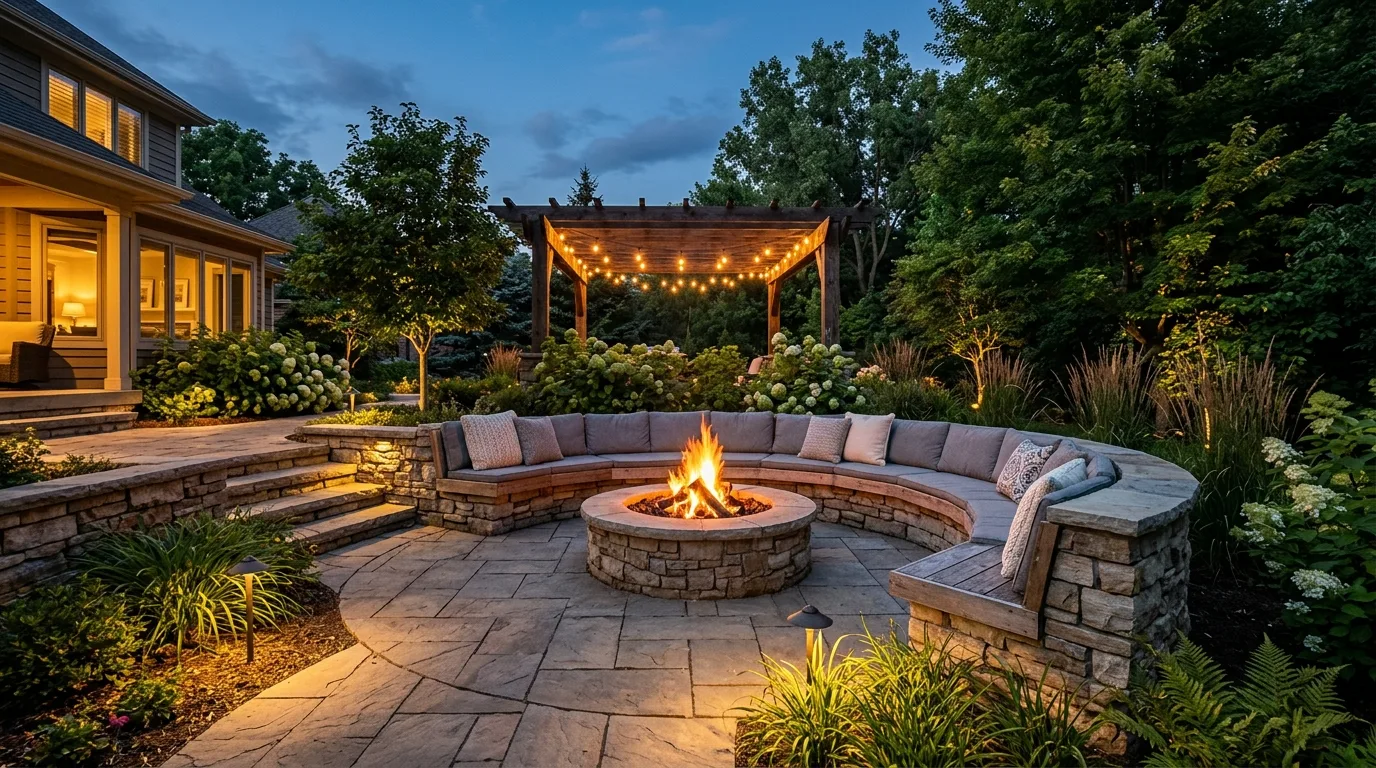 Renovated backyard with fire pit, built-in seating, and updated stonework.